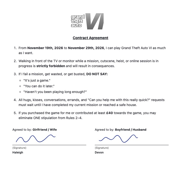 Example of a filled and signed GTA 6 gamer contract between girlfriend and boyfriend, ready to print