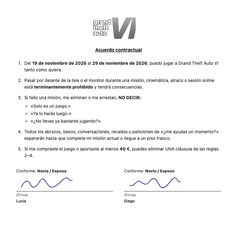 Ejemplo de contrato gamer de GTA 6 rellenado y firmado entre novia y novio, listo para imprimir