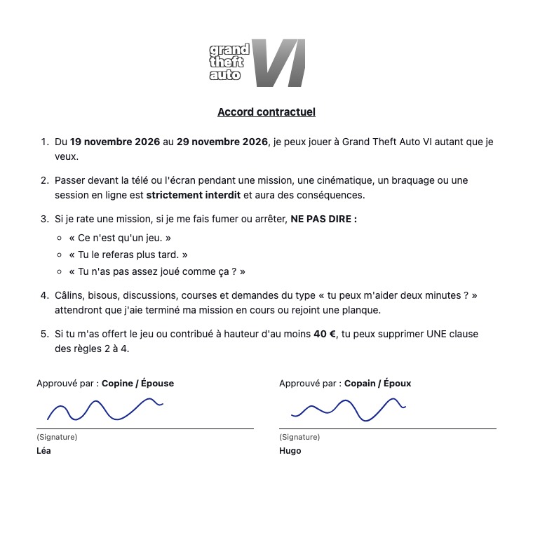 Exemple de contrat de gamer GTA 6 rempli et signé entre copine et copain, prêt à imprimer