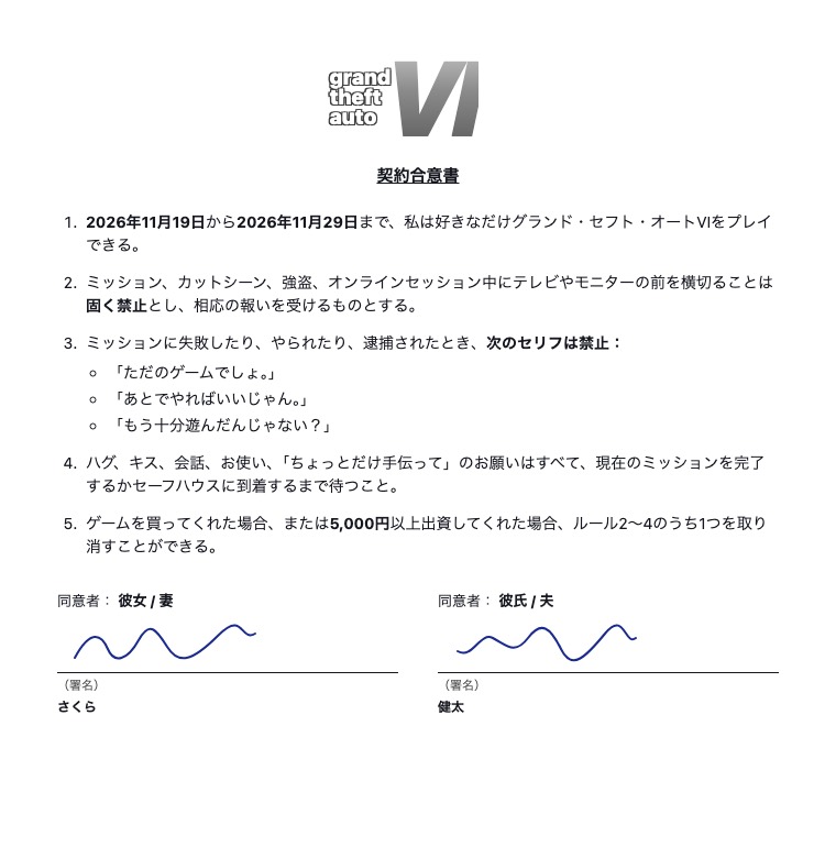 記入・署名済みのGTA6ゲーマー契約書の例(彼女と彼氏の間、印刷可能)